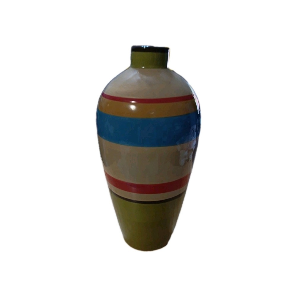 DEMDACO CROSSROADS VASE Aztec coloring Striped Green, Blue, Mustard, Red, Beige